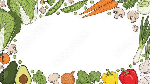 Decorative frame border made from a variety of fresh healthy vegetables like carrots cabbage and mushrooms on white.