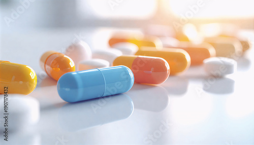 Assorted pills and capsules on white table representing pharmaceutical medicine and healthcare treatment concept.