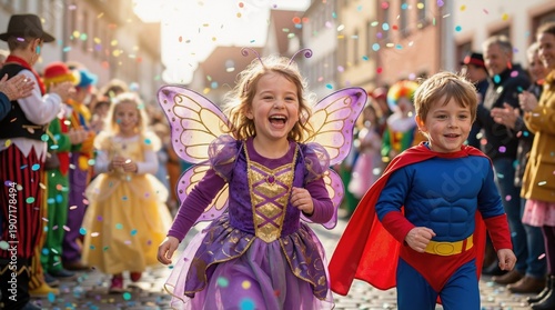 Group of children dressed as funny characters on street carnival with confetti. New Year, December. Halloween children. Celebration Wallpaper, poster.