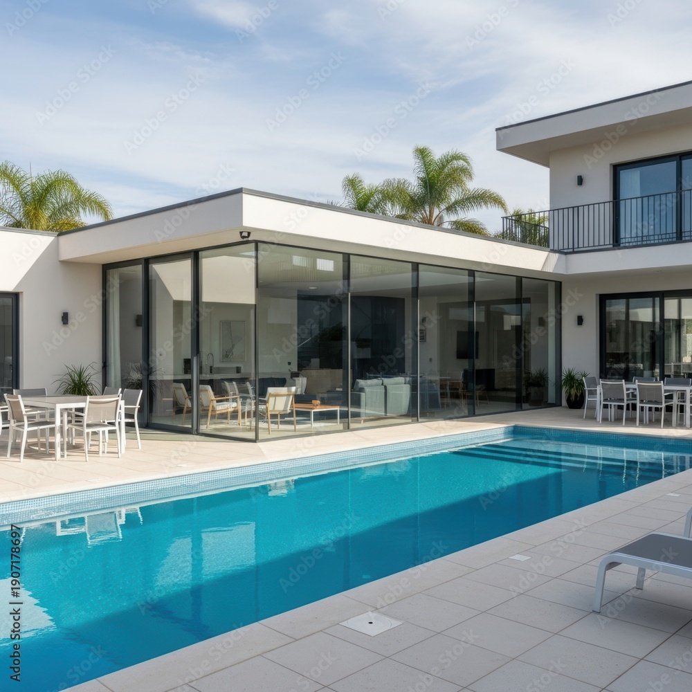 Fototapeta premium Modern house with a spacious patio and a large swimming pool in the backyard.