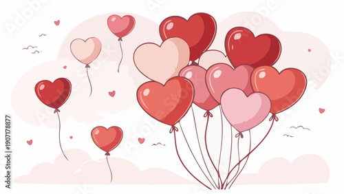 A vibrant collection of heart-shaped balloons in various shades of red and pink, floating against a soft, cloudy background, evoking feelings of love and celebration.