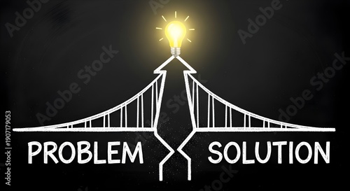 Business Problem Solution: Glowing light bulb atop a bridge connecting words on chalkboard, creative thinking process, innovative strategy, goal achievement, overcoming obstacles and success concept