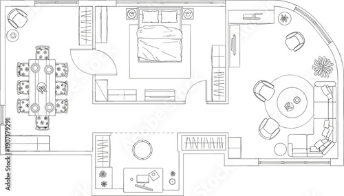Apartment Floorplan Interior Layout Blueprint Architecture Furniture Plan Topview Home Design Technical Drawing Vector Illustration