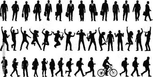 Business people walking dancing jumping commuting silhouettes set isolated on white background cad drawing flat vector illustration modern lifestyle concept