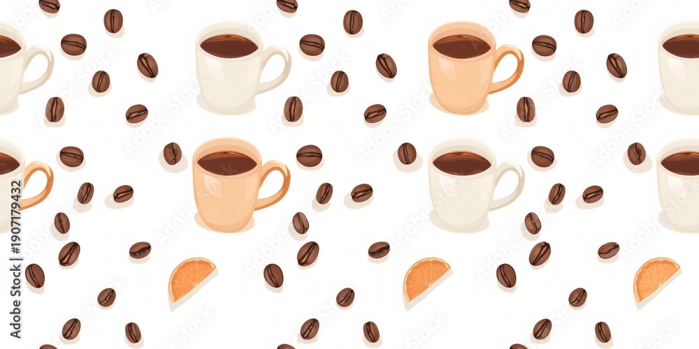 Obraz premium Coffee cups and beans seamless pattern background