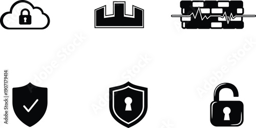 Security icons including shield lock and cloud storage symbols for protection concepts