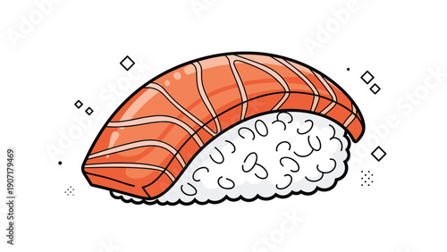 Large piece of salmon nigiri sushi with rice is illustrated in a bold graphic style with decorative geometric accents.