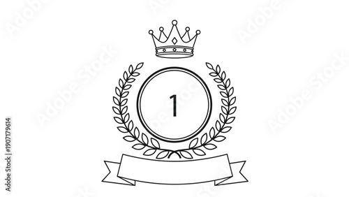 Minimalist line art ranking badge for first place with a laurel wreath crown and a blank white ribbon banner for text.
