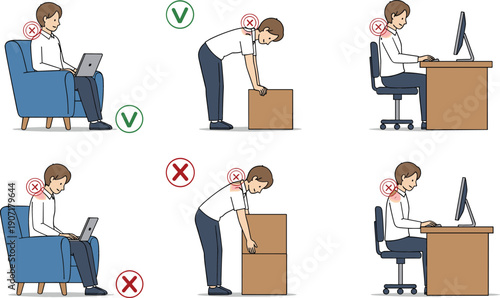Detailed vector set featuring correct and incorrect posture comparisons for laptop use, heavy lifting, and office desk ergonomics