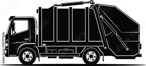 Garbage truck silhouette waste management vehicle cad drawing flat vector illustration isolated black shapes sanitation transport