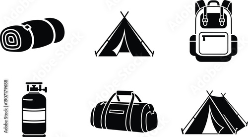 Camping Equipment Backpack Tent Camera Gas Cylinder Duffel Bag Outdoor Adventure Travel Hiking Gear Vector Icons
