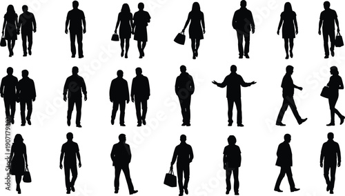 Business people silhouettes walking standing office workers cad drawing flat vector illustration isolated black shapes collection set