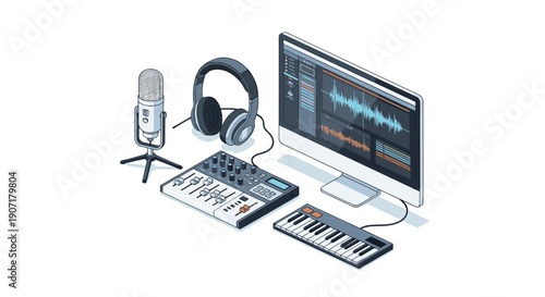 An isometric arrangement displays a studio microphone, headphones, an audio mixer, a computer monitor with waveform graphics, and a mini keyboard on a clean white surface.
