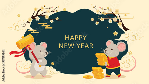 Two cute mice celebrate the lunar new year with a golden mallet and stacks of coins for good fortune and prosperity.