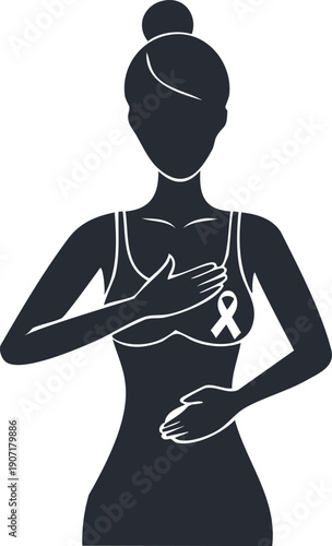 Woman checking her breast to prevent and support the cause of breast cancer. Breast self exam concept vector illustration