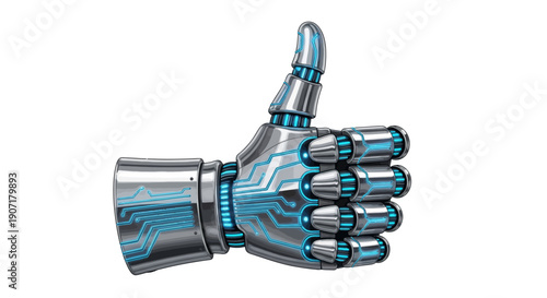 Robotic hand giving thumbs up with glowing blue circuits