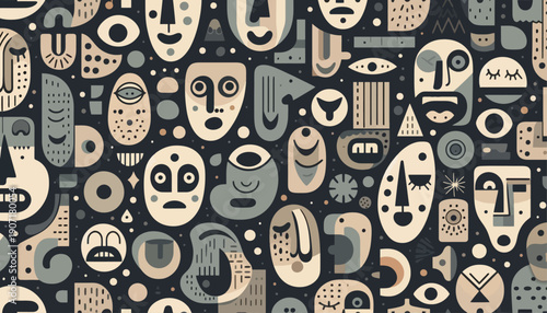 seamless vector pattern with abstract lunatic faces