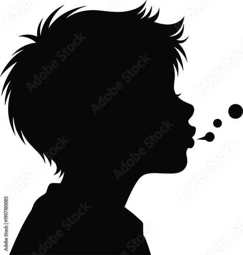 Child blowing bubbles silhouette icon, playful activity vector illustration, childhood fun design set, innocence joy art flat vector