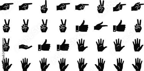 Hand gesture silhouette icons, pointing peace thumbs vector illustration, communication symbol design set, nonverbal sign art flat vector