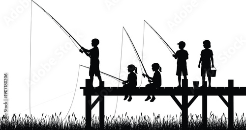 Children fishing on wooden pier silhouettes summer outdoor activity lake river childhood adventure cad drawing flat vector illustration isolated scene