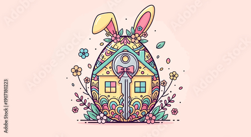 Vibrant Easter egg house with bunny ears and flowers