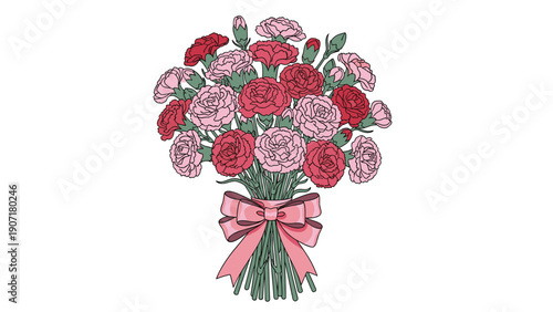 Large bouquet of mixed pink and red carnation flowers is tied together with a decorative pink ribbon on a white backdrop.