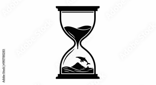 Hourglass containing a leaping dolphin and ocean waves, symbolizing time and nature.