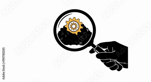 Magnifying glass revealing a single cogwheel within a pile of dark material, symbolizing discovery and analysis.