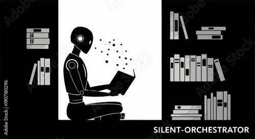 Robotic figure engrossed in reading a book, surrounded by shelves of knowledge.