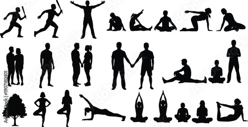 Human silhouettes collection sports yoga couples activities cad drawing flat vector illustration isolated black shapes people set bundle