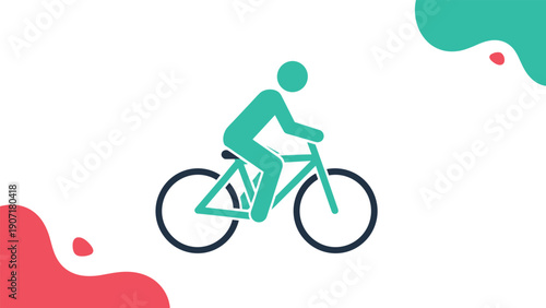 Simple icon of a person riding a bicycle is placed on a white background with green and red abstract organic shapes.