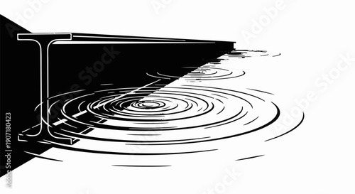 Monochromatic illustration of a metallic beam casting a shadow over rippling water creating concentric circles.