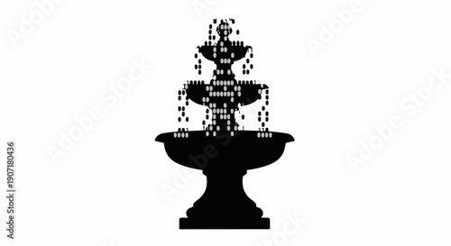 Elegant tiered fountain silhouette with cascading water on a white background