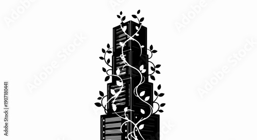 Modern skyscraper intertwined with lush green vines symbolizing nature and growth in urban environments.