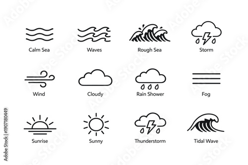 Weather symbols: calm, waves, storm, wind, cloudy, rain, fog, sunrise, thunderstorm, tidal
