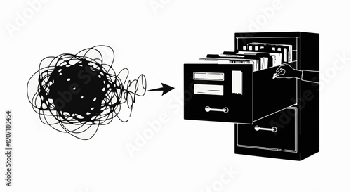 Organizing chaotic thoughts into structured files, representing mental clarity and order.