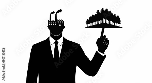 Silhouette of a businessman balancing a forest on his fingertip, with factories in his head.