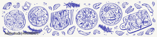 Mediterranean food banner with Italian dishes: pizza, pasta, seafood, antipasti board, herbs and lemon. Blue ink whimsical illustrations for restaurant menu, packaging, cafe branding, social media.