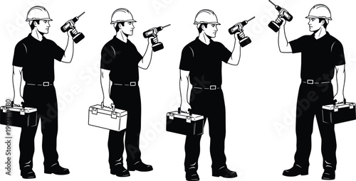 Construction Worker Handyman Drill Toolbox Technician Builder Repair Maintenance Service Industry Safety Helmet Vector Illustration Isolated Collection