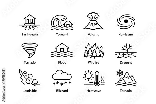 Natural disasters icon set: earthquake, tsunami, volcano, hurricane, tornado