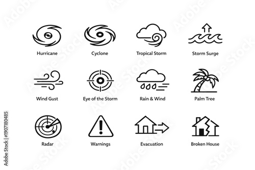 Hurricane and cyclone weather icons set