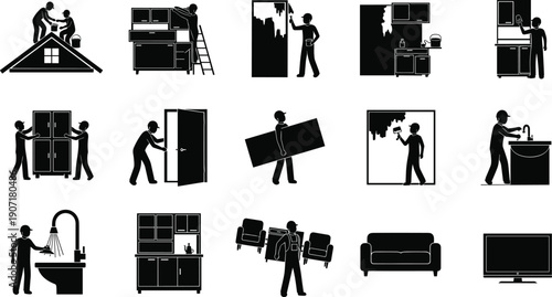 Home Renovation Repair Painting Moving Cleaning Plumbing Furniture Installation Worker Silhouettes Construction Maintenance Household Service Vector Collection Isolated Black Icons