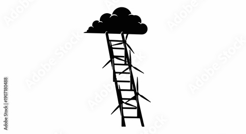 Ladder reaching towards a dark cloud, symbolizing challenges and ambition.