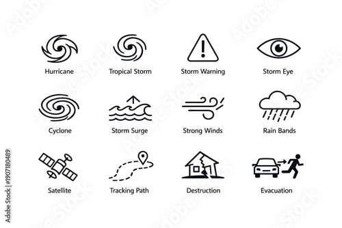 Weather icons illustrating hurricane, tropical storm, cyclone, and related phenomena