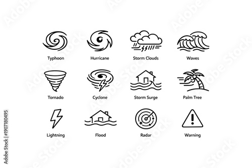 Natural disaster icons: typhoon, hurricane, tornado, cyclone, flood
