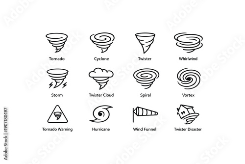 Tornado icon set: twister, cyclone, whirlwind, storm symbols for weather alerts