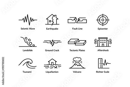 Natural disaster icons: seismic wave, earthquake, fault line, epicenter, and more