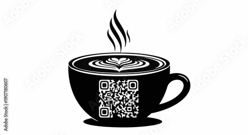 Steaming cup of coffee with QR code for modern cafe ordering