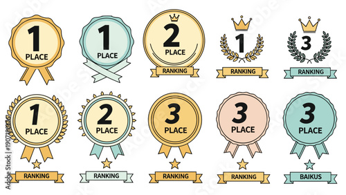 Collection of various medal designs for first second and third place rankings with ribbons and laurel wreath symbols.
