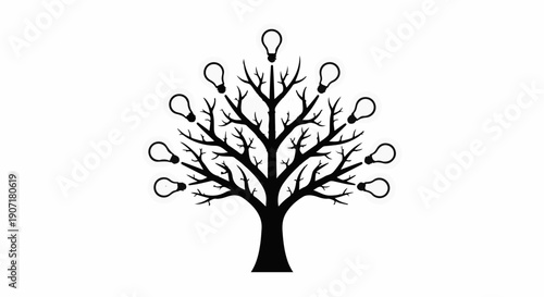 Tree of ideas with glowing light bulbs on branches, symbolizing innovation and creativity.